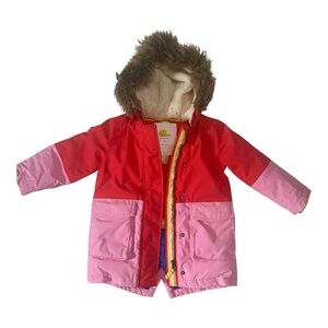 Boden Red and Pink Puffer Jacket with Faux Fur Hood